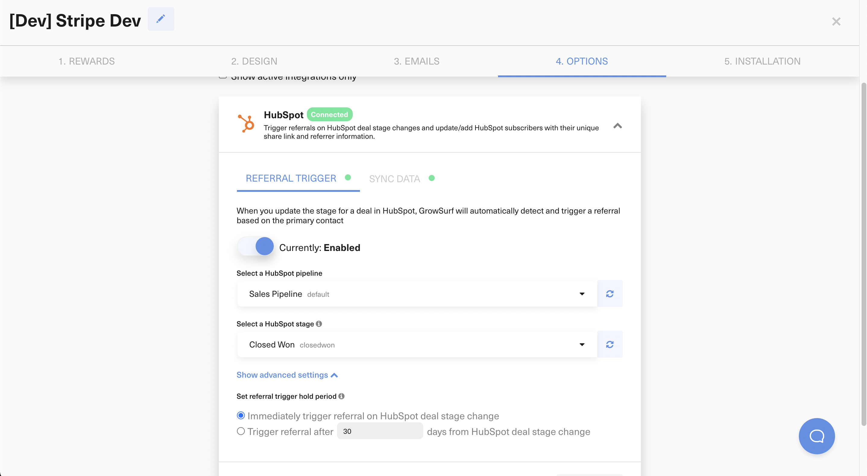 HubSpot referral trigger hold period settings in GrowSurf