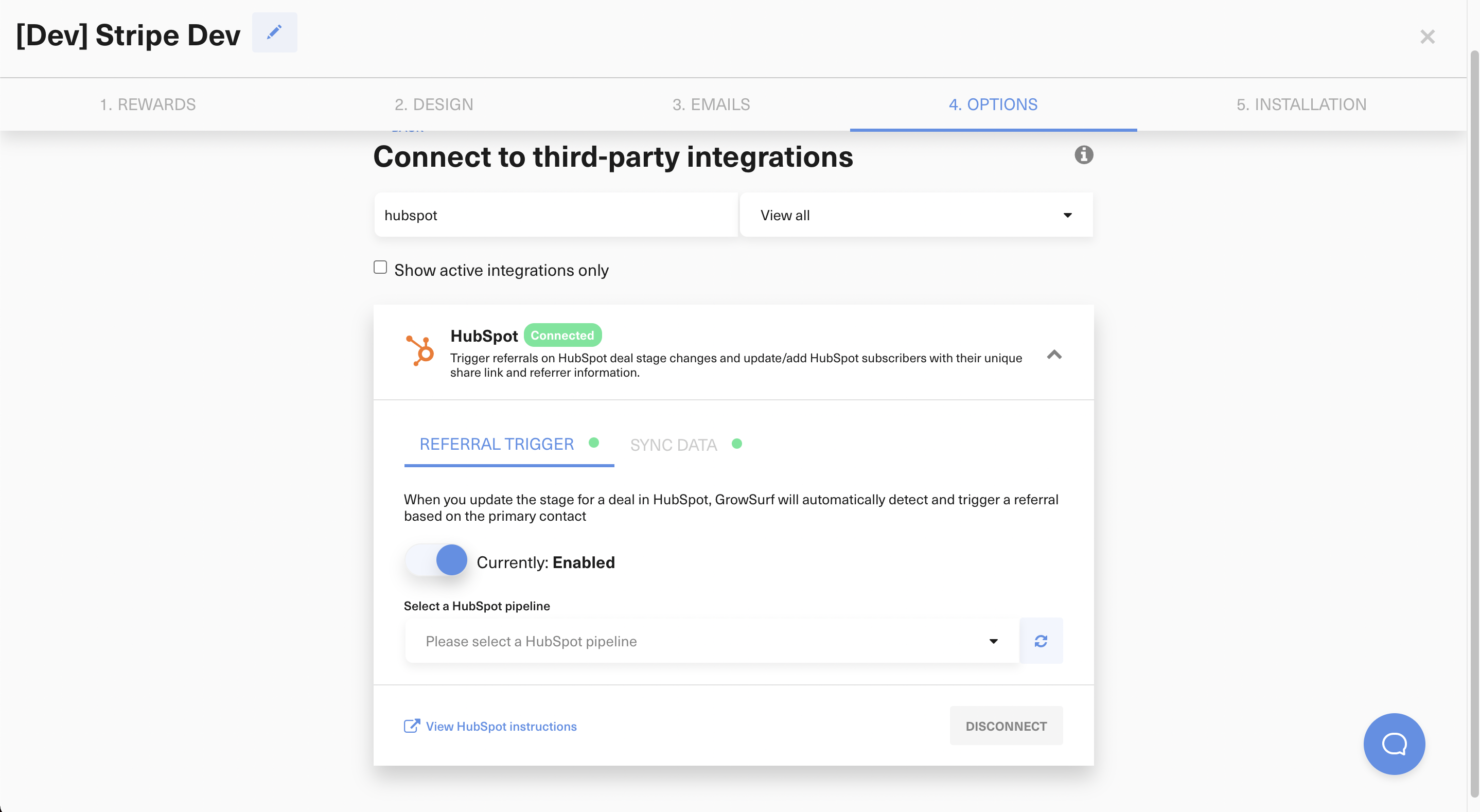 HubSpot referral trigger toggle in GrowSurf